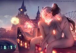 2b_(nier:automata) 2girls amusement_park artist_logo barefoot black_hair blue_eyes blunt_bangs breasts cherry_in_the_sun commentary completely_nude eve_(stellar_blade) fireworks grey_hair leaning_on_person logo long_hair medium_breasts mole mole_under_mouth multiple_girls nier_(series) nude outdoors paid_reward_available ponytail short_hair sideboob sitting sky smile stellar_blade
