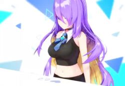 1girl 3d animated blonde_hair breasts crop_top gradient_eyes hair_over_one_eye heart hololive hololive_indonesia large_breasts long_hair moona_hoshinova multicolored_eyes multicolored_hair navel purple_eyes purple_hair retweet_icon sound tagme thumbs_up triangle_background two-tone_hair video virtual_youtuber white_background yellow_eyes