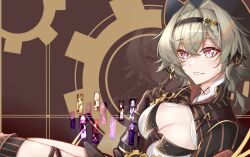 1girl absurdres aponia_(honkai_impact) black_hairband breasts brown_eyes brown_gloves brown_hair brown_shrug chinese_commentary cleavage commentary_request eden_(honkai_impact) fu_hua gear_hair_ornament gloves griseo hair_between_eyes hair_intakes hair_ornament hairband highres honkai_(series) honkai_impact_3rd kosma large_breasts looking_at_viewer red_pupils short_hair sitting solo su_(honkai_impact) thighs vill-v wu_hai yae_sakura yae_sakura_(goushinnso_memento)