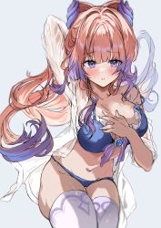 1girl arm_up bikini blue_bikini blush breasts genshin_impact gradient_hair hand_on_own_chest highres large_breasts long_hair looking_at_viewer multicolored_hair pink_hair purple_eyes purple_hair sangonomiya_kokomi saya_(mychristian2) see-through_clothes see-through_shirt simple_background solo sweatdrop swimsuit thighhighs very_long_hair white_thighhighs