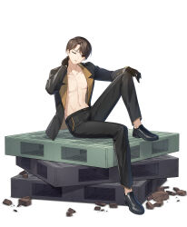 1boy abs black_gloves black_jacket black_pants black_shoes brown_eyes brown_hair closers gloves highres jacket knee_up male_focus official_art open_clothes open_jacket pants pectorals seha_lee shoes short_hair simple_background sitting solo white_background