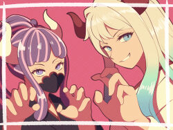 2girls absurdres alternate_eye_color amearareeeeeeee black_kimono black_mask blue_eyes blue_hair curled_horns grey_hair grin highres horns japanese_clothes kimono looking_at_viewer mask mouth_mask multicolored_hair multiple_girls one_piece oni pink_background purple_eyes purple_hair smile ulti_(one_piece) upper_body white_kimono yamato_(one_piece)