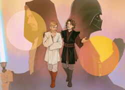 3boys anakin_skywalker beard black_gloves black_helmet black_tunic blue_lightsaber boots brown_boots brown_hair brown_pants brown_tunic darth_vader ekikeki energy_sword facial_hair gloves hand_on_another&#039;s_shoulder helmet highres holding holding_sword holding_weapon hooded_robe lightsaber may_the_4th multiple_boys multiple_views obi-wan_kenobi pants robe single_glove star_wars sword tunic two-tone_tunic weapon white_pants white_tunic