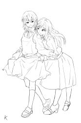 Rule 34 | 2girls, absurdres, adachi sakura, adachi to shimamura, chinese commentary, commentary request, cosplay, dress, genre connection, greyscale, hair down, hair ornament, hairclip, highres, kanato04249580, kneehighs, koito yuu, koito yuu (cosplay), long hair, medium hair, monochrome, multiple girls, nanami touko, nanami touko (cosplay), pinafore dress, school uniform, shimamura hougetsu, shoes, short hair, skirt hold, sleeveless, sleeveless dress, socks, yagate kimi ni naru, yuri