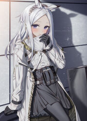 1girl animal_ears arknights black_gloves black_hairband black_pantyhose black_skirt commentary_request gloves hairband heavyrain_(arknights) jacket long_hair long_sleeves looking_at_viewer open_clothes open_jacket pantyhose parted_bangs pleated_skirt purple_eyes shadow shironekoban skirt smile solo twitter_username white_hair white_jacket zebra_ears zebra_girl