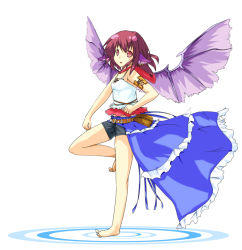 1girl alternate_costume animal_ears bad_feet bare_legs barefoot belt black_shorts cosplay feet female_focus final_fantasy final_fantasy_x final_fantasy_x-2 full_body mystia_lorelei no_headwear red_eyes red_hair shirokuro_yagi short_shorts shorts simple_background solo touhou wings yuna yuna_(cosplay) yuna_(ff10) yuna_(ff10)_(cosplay)