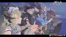 3girls animal_ears arknights armor bandaged_hand bandages bird black_cloak blonde_hair blue_bird blue_eyes chinese_commentary cliff cloak commentary_request copyright_logo copyright_notice fingernails highres holding holding_staff hood hooded_cloak horns horns_through_headwear horns_through_hood lantern letterboxed lighthouse mgong520 multiple_girls nearl_(arknights) nearl_the_radiant_knight_(arknights) nightingale_(arknights) ocean polearm shining_(arknights) staff watermark weapon weibo_watermark white_hair