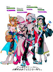 Rule 34 | 1other, 3girls, alternate costume, alternate footwear, animal, animal on shoulder, aozukikawasemi, bandaged leg, bandaged wrist, bandages, black boots, black gloves, black hair, black leggings, black sandals, black shoes, black suspenders, black veil, blue eyes, boots, brown hair, cape, chest (furniture), cloak, closed eyes, closed mouth, colored inner hair, copyright name, dress, ear piercing, fastening (zutomayo), frown, gloves, goggles, goggles on head, green hair, grey eyes, grey shirt, hat, hedgehog, highres, holding, holding chest, holding staff, holding sword, holding weapon, hood, hood up, hooded cloak, kettobashita moufu (zutomayo), layered sleeves, leggings, long sleeves, magician, multicolored hair, multiple girls, navel, neko reset (zutomayo), nira-chan, nira-chan (kettobashita moufu) (zutomayo), nira-chan (nurse) (neko reset) (zutomayo), nira-chan (seigi) (zutomayo), nun, open mouth, orange cape, orange eyes, orange gloves, piercing, pink hair, pink trim, robe, sandals, seigi (zutomayo), shirt, shoes, short hair, short over long sleeves, short sleeves, smile, socks, staff, suspenders, sword, teiketsu (zutomayo), thief, top hat, torn clothes, two-tone hair, uniguri (zutomayo), veil, weapon, white background, white boots, white cloak, white dress, white hair, white hat, white robe, white socks, wide sleeves, zutto mayonaka de ii no ni