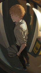 1boy black_necktie black_pants blonde_hair bouquet chainsaw_man collared_shirt denji_(chainsaw_man) door flower highres holding holding_bouquet looking_at_viewer looking_back male_focus necktie pants pov_peephole red_eyes shirt short_hair solo standing tsurugi_(blue_archive) white_shirt yato_(alphonse59)