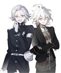 :d aotsuki_eito armband belt black_jacket black_pants chain chain_leash chinese_commentary collar collarbone creator_connection crossed_arms crossover danganronpa_(series) danganronpa_another_episode:_ultra_despair_girls eyeshadow gakuran glasses gloves grey_eyes grey_hair hair_between_eyes hand_up highres hole_in_chest hole_on_body jacket komaeda_nagito last_defense_academy_school_uniform leash long_sleeves looking_at_viewer makeup male_focus medium_hair megaphone metal_collar multiple_boys one_eye_closed open_clothes open_jacket open_mouth pants red_eyeshadow school_uniform servant_(danganronpa) shirt short_hair simple_background sketch smile striped_clothes striped_shirt tansuan_yun teeth the_hundred_line_-last_defense_academy- upper_teeth_only white_armband white_belt white_gloves yellow_eyes