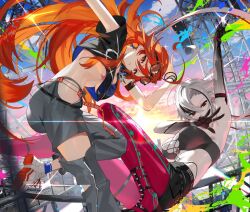 2girls arlecchino_(genshin_impact) arm_up armpits black_hands black_shoes blue_socks breasts cleavage colored_extremities eyewear_on_head genshin_impact glasses grey_hair hair_between_eyes hoyofair long_hair looking_at_viewer mavuika_(genshin_impact) midriff multicolored_hair multiple_girls navel outdoors pants pantyhose pink_pantyhose red_hair scottie_(phantom2) shoes socks streetwear symbol-shaped_pupils symbol_in_eye torn_clothes torn_pants white_shoes