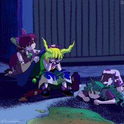 3girls alcohol black_eyes blonde_hair bow comforting dress drunk green_hair hakurei_reimu highres horns ibuki_suika komano_aunn long_hair multiple_girls night pepijuan red_hair sad touhou vomit