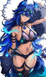 1girl absurdres animal_ears arm_tattoo blue_eyes blue_hair breasts chain cleavage fishnets goggles highres indie_virtual_youtuber jewelry large_breasts long_hair navel_piercing necklace piercing scar scar_across_eye scar_on_face skull_necklace solo spite_(vtuber) tail tanned_body tattoo thick_thighs thighhighs thighs very_long_hair virtual_youtuber wolf_ears wolf_girl wolf_tail wolves