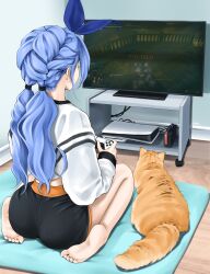 1girl ass bae_minah_(chaesu) barefoot black_shorts blue_hair blue_ribbon braid chaesu commentary controller crop_top docking_station elden_ring english_commentary feet from_behind game_console game_controller gamepad hair_ribbon highres holding holding_controller long_hair long_sleeves nintendo_switch orange_cat orange_shorts original pillow playstation_5 ribbon shorts sitting soles solo sweater television toes twintails white_sweater
