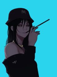 1girl absurdres adidas aqua_background bare_shoulders black_hair black_headwear black_shirt chain chain cigarette cigarette_holder expressionless eyebrows eyebrows_hidden_by_hair gold_chain hat highres jewelry lips long_hair necklace original shirt smoke smoking surprised urban streetwear white_eyes zaki_(zaki_btw)