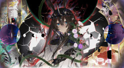 2girls absurdres amiya_(arknights) amiya_(demon_king)_(arknights) animal_ears arknights blue_eyes brown_hair closed_mouth dress floating_crown flower hair_between_eyes highres long_hair looking_at_viewer material_growth multiple_girls oripathy_lesion_(arknights) pink_hair rabbit_ears sidelocks solarisyuri! solo_focus theresa_(arknights) torn_clothes upper_body white_dress