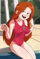 1girl :d ass_freckles body_freckles breasts commentary covered_navel day english_commentary feet_out_of_frame freckles gravity_falls highres lifeguard long_hair looking_at_viewer newguy1091 official_alternate_costume one-piece_swimsuit open_mouth outdoors pool red_hair red_one-piece_swimsuit shiny_skin shoulder_freckles sitting smile solo swimsuit teeth thighs upper_teeth_only wendy_corduroy wet whistle whistle_around_neck