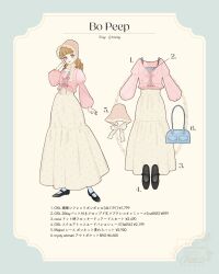1girl bag blonde_hair blue_eyes bo_peep_(toy_story) character_name copyright_name full_body happy highres long_sleeves meecosme ribbon shirt shoes short_sleeves simple_background skirt smile standing toy_story translated