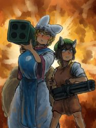 Rule 34 | &gt;:3, 1girl, :3, animal ears, blonde hair, blush, breasts, cat ears, cat tail, chanta (ayatakaoisii), chen, explosion, fox tail, gatling gun, gun, hat, highres, large breasts, minigun, mob cap, multiple tails, orange eyes, rocket launcher, short hair, slit pupils, sweatdrop, tabard, tail, touhou, v-shaped eyebrows, weapon, yakumo ran, zun hat