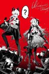 2girls ? absurdres akm assault_rifle black_horns carlotta_(wuthering_waves) curled_horns dual_wielding greyscale greyscale_with_colored_background gun highres holding holding_gun holding_weapon horns kalashnikov_rifle monochrome multiple_girls pokki961 red_background rifle weapon wuthering_waves zani_(wuthering_waves)