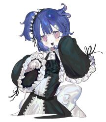 1girl ascot back_bow black_ascot black_dress blue_hair bow braid chinese_commentary commentary_request cropped_legs dress frilled_sleeves frills highres medium_hair one_side_up open_mouth original pink_hair ribbon smile solo spikes vihua6 white_bow white_ribbon wide_sleeves