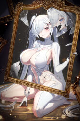1girl absurdres blue_eyes bodysuit breasts broken_mirror cinderella_(nikke) clothing_cutout gloves goddess_of_victory:_nikke hair_over_one_eye highres large_breasts long_hair mirror navel red_eyes seiza sitting smile solo stomach_cutout twintails very_long_hair white_bodysuit white_gloves white_hair yoo_jaesang