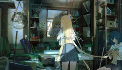 2girls bamboo_broom bathroom blonde_hair blue_eyes bottle braiding_hair broom cable_knit cellphone clock closed_mouth clothes_hanger collarbone commentary_request digital_clock expressionless flower from_behind grey_eyes grey_hair grey_skirt hair_between_eyes hair_ornament hairdressing holding indoors interior knitting knitting_needle kukka light long_hair looking_at_mirror looking_down mirror multiple_girls neckwear_request needle nervous original phone plant room sailor_collar scarf school_uniform serafuku shelf shirt short_hair short_sleeves sink sitting skirt smartphone soap_bottle standing sunlight sweatdrop tile_wall tiles time toothbrush toothbrush_in_mouth top-load_washing_machine towel vase very_long_hair washing_machine white_sailor_collar white_shirt window window_shadow