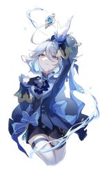 Rule 34 | 1girl, :d, arm up, ascot, asymmetrical gloves, black gloves, black shorts, blue ascot, blue brooch, blue eyes, blue hair, blue hat, blue jacket, blush, collared jacket, cropped legs, furina (genshin impact), genshin impact, gloves, grin, hair between eyes, hand on own chest, haru same322, hat, heterochromia, highres, jacket, legs together, long sleeves, medium hair, mismatched gloves, multicolored hair, open clothes, open hand, open jacket, open mouth, outstretched arm, reaching, shorts, simple background, smile, solo, suit jacket, teeth, thighhighs, top hat, two-tone hair, vision (genshin impact), white background, white gloves, white hair, white thighhighs
