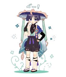 Rule 34 | 1boy, :p, absurdres, akanbe, aqua gemstone, aqua kimono, arm at side, belt, black belt, black bodysuit, black bow, black bridal gauntlets, black hair, black leggings, black sandals, black shorts, blue eyes, blue hat, blue sleeves, blunt ends, bodysuit, bow, bridal gauntlets, eyelid pull, feathers, finger to eye, full body, gem, genshin impact, gold, hakama, hakama shorts, hand on own hip, hand up, hat, highres, japanese clothes, jingasa, juban, kimono, knee blush, layered sleeves, leg warmers, leggings, looking at viewer, male focus, mandarin collar, open clothes, open kimono, pleated shorts, poe www, pom pom (clothes), purple sash, sandals, sash, scaramouche (genshin impact), short sleeves, shorts, shoulder peek, solo, tassel, tongue, tongue out, translation request, vision (genshin impact), wanderer (genshin impact), white background, white kimono, white leg warmers, white sleeves, yellow feathers, zouri