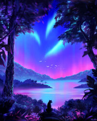 animal aurora bird black_fur bush cat commentary english_commentary facing_away from_behind jungle kloir landscape misty_lake nature neon_lights night original painterly palm_tree panther scenery tree tropical