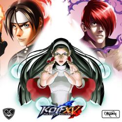 1girl arms_up black_eyes black_hair breasts brown_hair buttons dress fayer_san female_focus fire glowing hairband kagura_chizuru kusanagi_kyou large_breasts long_hair looking_at_viewer magic magical_girl pale_skin shiny_clothes shiny_skin smile the_king_of_fighters yagami_iori