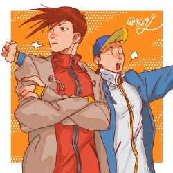 Rule 34 | 2boys, baseball cap, blue coat, border, brothers, brown coat, brown eyes, brown hair, clenched hand, closed mouth, coat, collared jacket, commentary request, crossed arms, fingerless gloves, gloves, hat, jacket, kurononekojyo, layered clothes, long sleeves, looking to the side, male focus, multiple boys, open mouth, outside border, outstretched arms, puff of air, red jacket, siblings, sleeves past wrists, street fighter, street fighter iii (series), swept bangs, teeth, tongue, twins, twitter username, upper body, upper teeth only, white border, white coat, yang lee, yellow gloves, yun lee, zipper, zipper pull tab