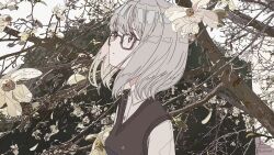 Rule 34 | 1girl, absurdres, black vest, brown eyes, closed mouth, commentary request, flower, from side, glasses, grey hair, highres, ligne claire, looking up, ninuru, original, outdoors, shirt, solo, tree, upper body, vest, white flower, white shirt