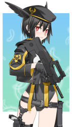 1girl belt beret black_gloves black_hair black_jacket black_one-piece_swimsuit fate/grand_order fate_(series) feathers gloves gun hat head_wings highres hirai_yukio holding holding_gun holding_weapon holster jacket one-piece_swimsuit ortlinde_(fate) ortlinde_(swimsuit_assassin)_(fate) red_eyes swimsuit thigh_holster trigger_discipline valkyrie_(fate) weapon wings