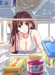 1girl breasts brown_hair butter chinatsu_(suzutsuki_kurara) cleavage commentary food green_eyes highres jam large_breasts original refrigerator shiny_skin solo suzutsuki_kurara