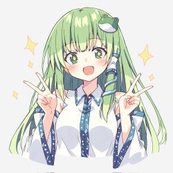 Rule 34 | 1girl, bare shoulders, blush, breasts, collared shirt, detached sleeves, dot nose, double v, facing viewer, frog hair ornament, green eyes, green hair, hair ornament, hair tubes, highres, kochiya sanae, long hair, long sleeves, looking at viewer, medium breasts, open mouth, patterned clothing, setteiset, shirt, simple background, single hair tube, single sidelock, sleeveless, sleeveless shirt, snake hair ornament, solo, sparkle, sparkling eyes, touhou, upper body, v, white background, wide sleeves