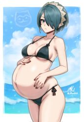 1girl alternate_costume big_belly bikini black_bikini breasts cleavage cowboy_shot fire_emblem fire_emblem_fates green_eyes green_hair hair_over_one_eye hands_on_own_stomach highres medium_breasts navel nintendo ocean outdoors pregnant rotomdocs setsuna_(fire_emblem) short_hair side-tie_bikini_bottom sideboob solo sommie_(fire_emblem) swimsuit twitter_username underboob