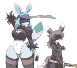 1boy 1girl 2023 2b_(nier:automata) 9s_(nier:automata) blindfold breasts cleavage cleavage_cutout clothing_cutout frown furret furry furry_female furry_male gen_2_pokemon gen_4_pokemon glaceon highres leotard navel nier:automata nier_(series) nintendo oreon_smol pokemon size_difference standing sword taller_female tight_clothes weapon