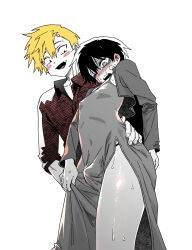 2boys bandage_on_face bandages black_hair blonde_hair blush bulge collared_shirt cropped_jacket crossdressing dongtan_dress fang from_below hair_between_eyes hand_on_another&#039;s_waist height_difference highres jeong_surim korean_commentary lee_hoon male_focus meme_attire multiple_boys one_eye_closed parkgee partially_colored red_shirt shirt side_slit simple_background skirt_hold suicide_boy sweat trap white_background yaoi