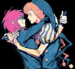 2boys 97ttwwaazz at_knifepoint black_background commentary english_commentary eye_contact freckles glasses gloves hat highres holding holding_knife jester jester_cap knife looking_at_another male_focus mexican_standoff multiple_boys orange_hair pink_hair randal&#039;s_friends randal_ivory scissors sebastian_de_tomato_smith_chicken_legs short_hair simple_background upper_body yaoi