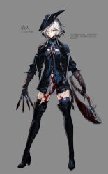 1girl alternate_costume bandaged_arm bandages beasthunter_saif between_fingers black_boots black_capelet black_gloves black_hat blood blood_on_clothes blood_on_face blood_on_leg bloodborne bloody_weapon blue_eyes blue_shirt blue_skirt blue_theme boots braid buttons capelet chinese_text cleavage_cutout closed_mouth clothing_cutout collared_shirt commentary_request dot_nose dual_wielding expressionless full_body gloves gothic_lolita grey_background grey_necktie hair_between_eyes hat high_collar high_heel_boots high_heels highres holding holding_knife holding_weapon izayoi_sakuya knife knives_between_fingers kumatangent lace lace-trimmed_skirt lace_trim layered_skirt lolita_fashion long_sleeves looking_ahead miniskirt necktie pleated_skirt puffy_long_sleeves puffy_sleeves shirt short_hair short_hair_with_long_locks simple_background skirt skirt_set solo standing tachi-e thigh_boots thighhighs torn_clothes torn_sleeves torn_thighhighs touhou translation_request tsurime twin_braids weapon white_hair white_skirt zettai_ryouiki