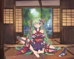 Rule 34 | 1girl, 2025, absurdres, architecture, arms behind back, bare shoulders, barefoot, bdsm, black kimono, black skirt, blunt bangs, blurry, blurry background, blush, bondage, bound, bound arms, bound legs, bound torso, breasts, butterfly hair ornament, chinese commentary, collarbone, commentary, commission, criss-cross halter, dated, day, east asian architecture, eyes visible through hair, feet, flying sweatdrops, full body, furrowed brow, green hair, hair between eyes, hair ornament, hair ribbon, hair spread out, halterneck, highres, hime cut, indian style, indoors, japanese clothes, katana, kimono, knees apart feet together, long hair, long ribbon, long sleeves, looking at viewer, miniskirt, murasame (senren), nero augustus, one eye closed, open mouth, pleated skirt, pom pom (clothes), red eyes, red ribbon, red sash, restrained, ribbon, sandals, sash, senren banka, shibari, sidelocks, sitting, skirt, small breasts, solo, sweat, sword, tatami, tickling, tickling feet, toes, toothbrush, twitching, twitter username, two side up, unworn sandals, variant set, very long hair, weapon