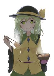 1girl black_hat blouse bowl bright_pupils chopsticks cowboy_shot daikon female_focus food frilled_sleeves frills green_eyes green_hair hat hat_ribbon highres holding holding_chopsticks kanpa_(campagne_9) komeiji_koishi long_sleeves oden oven_mitts radish ribbon shirt short_hair simple_background smile solo standing steam touhou untucked_shirt white_background yellow_shirt