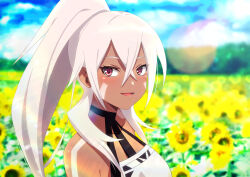 Rule 34 | 1girl, azur lane, bare shoulders, blurry, blurry background, breasts, dark-skinned female, dark skin, facial mark, field, flower, flower field, from side, hair between eyes, high ponytail, long hair, looking at viewer, medium breasts, minneapolis (azur lane), murasaki tsutsuji, open mouth, ponytail, smile, solo, sunflower, sunflower field, upper body, white hair