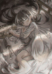 1girl art_brush black_hair canvas_(object) commentary_request dress easel feet_out_of_frame film_grain grey_eyes hair_between_eyes hair_spread_out highres long_hair long_sleeves looking_at_viewer lying marutani on_side original paint_palette paint_tube paintbrush palette_knife parted_lips solo white_dress