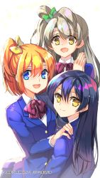 3girls bad_id bad_pixiv_id blazer blue_eyes blue_hair bow bowtie commentary_request green_bow grey_hair hair_between_eyes hair_bow hand_on_another&#039;s_shoulder jacket kosaka_honoka long_hair long_sleeves looking_at_viewer love_live! love_live!_school_idol_project minami_kotori multiple_girls one_side_up open_mouth orange_hair otonokizaka_school_uniform own_hands_clasped own_hands_together red_neckwear school_uniform smile sonoda_umi striped_bow striped_bowtie striped_clothes striped_neckwear trianon yellow_bow yellow_eyes