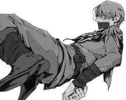 Rule 34 | 1boy, absurdres, belt, boots, bound, bound arms, bound legs, bound wrists, challia bull, commentary request, dirty, dirty face, epaulettes, gagged, greyscale, gundam, gundam gquuuuuux, highres, icuuuuuux, jacket, korean commentary, long sleeves, looking at viewer, male focus, military jacket, military uniform, monochrome, pants, restrained, short hair, simple background, solo, sweatdrop, white background