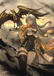 1girl ahoge arepko arm_behind_back bird black_bird black_gloves black_shorts black_thighhighs breasts cleavage closed_mouth commentary fingerless_gloves gloves grey_hair hair_ornament high-waist_shorts highres holding_ofuda jacket large_breasts long_hair orange_eyes shirt shorts signature single_thighhigh solo talisman thighhighs thighs white_shirt yellow_jacket yi_xuan_(zenless_zone_zero) zenless_zone_zero