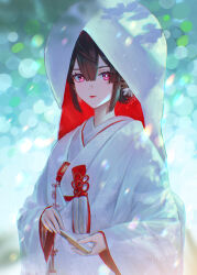 Rule 34 | 1girl, absurdres, alternate costume, black hair, bright pupils, closed mouth, commentary request, cowboy shot, double-parted bangs, folded fan, folding fan, hand fan, highres, holding, holding fan, honkai: star rail, honkai (series), japanese clothes, kimono, long sleeves, looking at viewer, michiko (ui29), pink eyes, shiromuku, sidelocks, solo, uchikake, white kimono, white pupils, wide sleeves, xueyi (honkai: star rail)