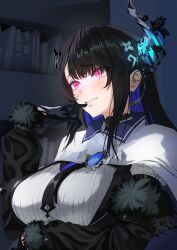 1girl absurdres asymmetrical_horns bare_shoulders black_hair blue_hair blush brasileiroo breasts clothing_cutout colored_inner_hair crystal_horns demon_horns feather-trimmed_jacket flower gloves hair_ornament highres hololive hololive_english horn_flower horns large_breasts long_hair looking_at_viewer mole mole_under_eye multicolored_hair nerissa_ravencroft nerissa_ravencroft_(1st_costume) red_eyes shirt shoulder_cutout smile solo tassel tassel_hair_ornament two-tone_hair uneven_horns very_long_hair virtual_youtuber